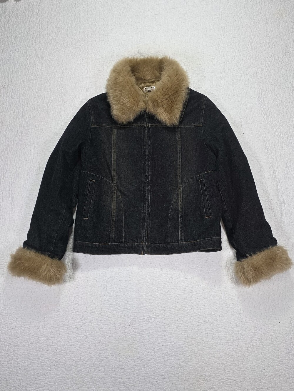 Vintage Y2K Giacca Denim Jacket with Removal Tan Faux Fur Trim Liner